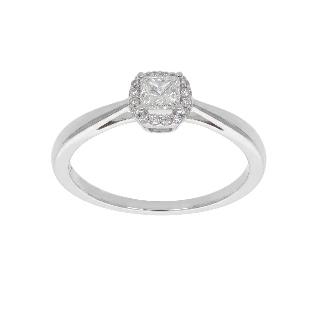 Anillo Oro Blanco Diamante Princess y Brillantes Solitario AN-14572