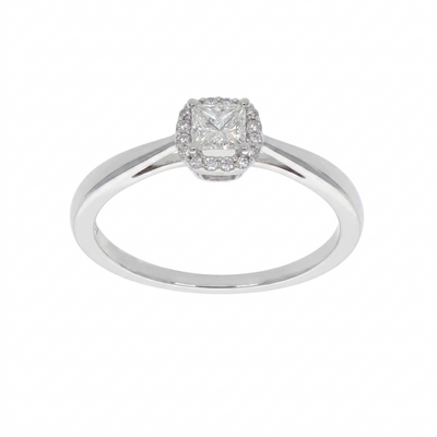 Anillo Oro Blanco Diamante Princess y Brillantes Solitario AN-14572