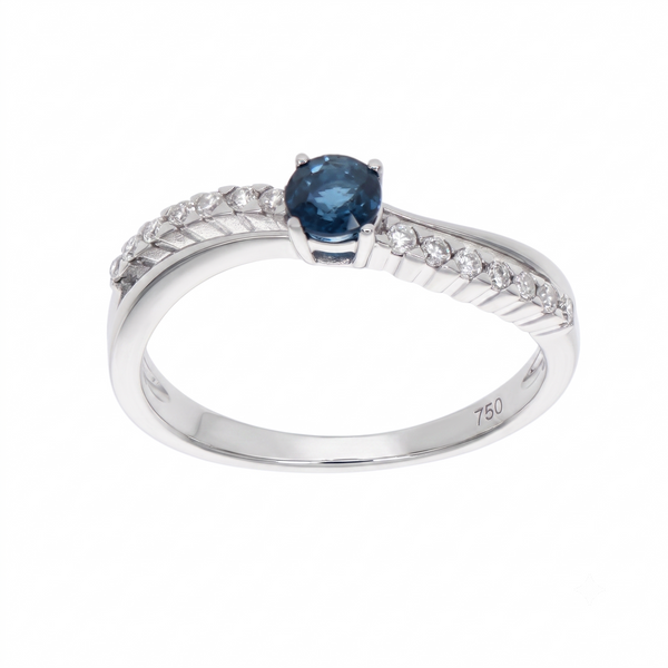 Anillo Oro Blanco con Zafiro Azul y Diamantes Naturales 0.15 ct | AN-14596