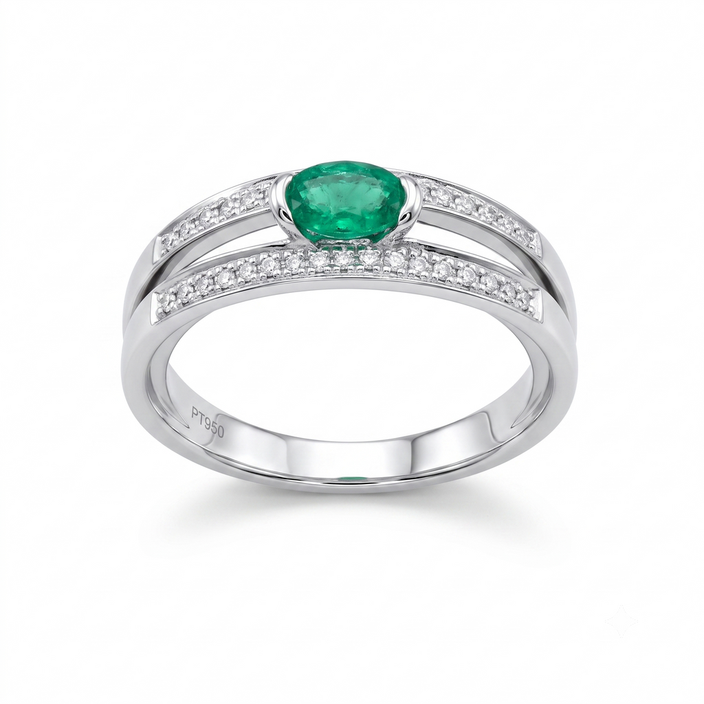 Anillo de Platino con Esmeralda Oval y Diamantes | AN-14627
