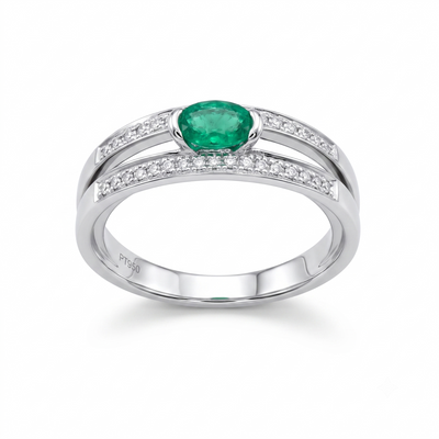 Anillo de Platino con Esmeralda Oval y Diamantes | AN-14627