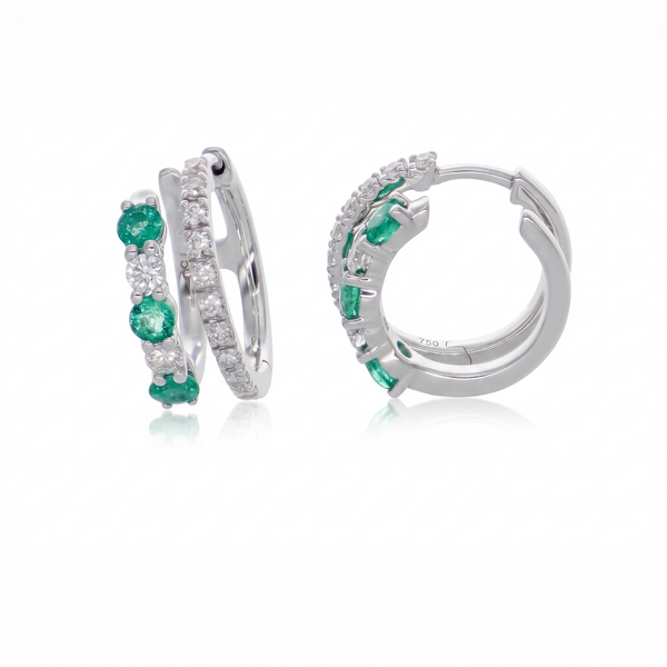 Argollas Oro Blanco 18K con Esmeraldas y Diamantes 0,70 ct