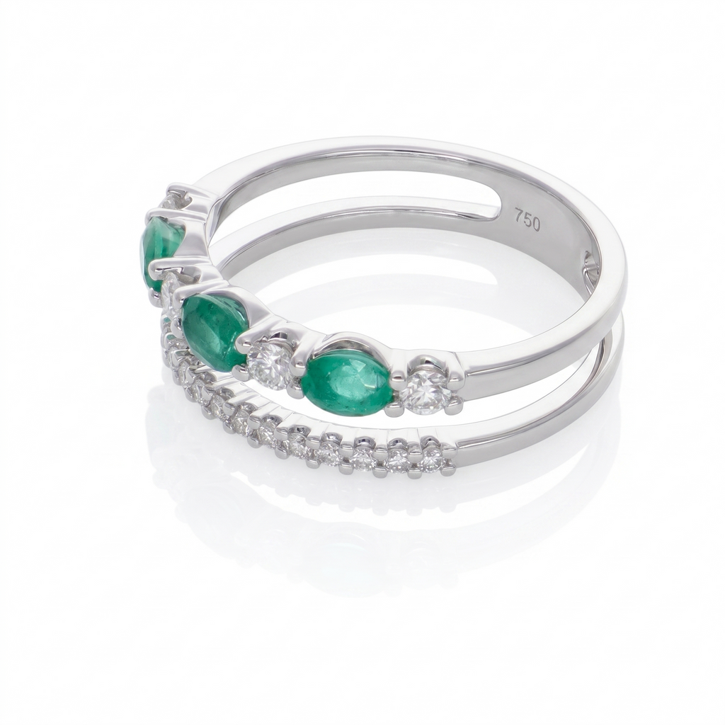 Anillo Oro Blanco 18K Esmeralda Oval con Diamantes  | AN-14685