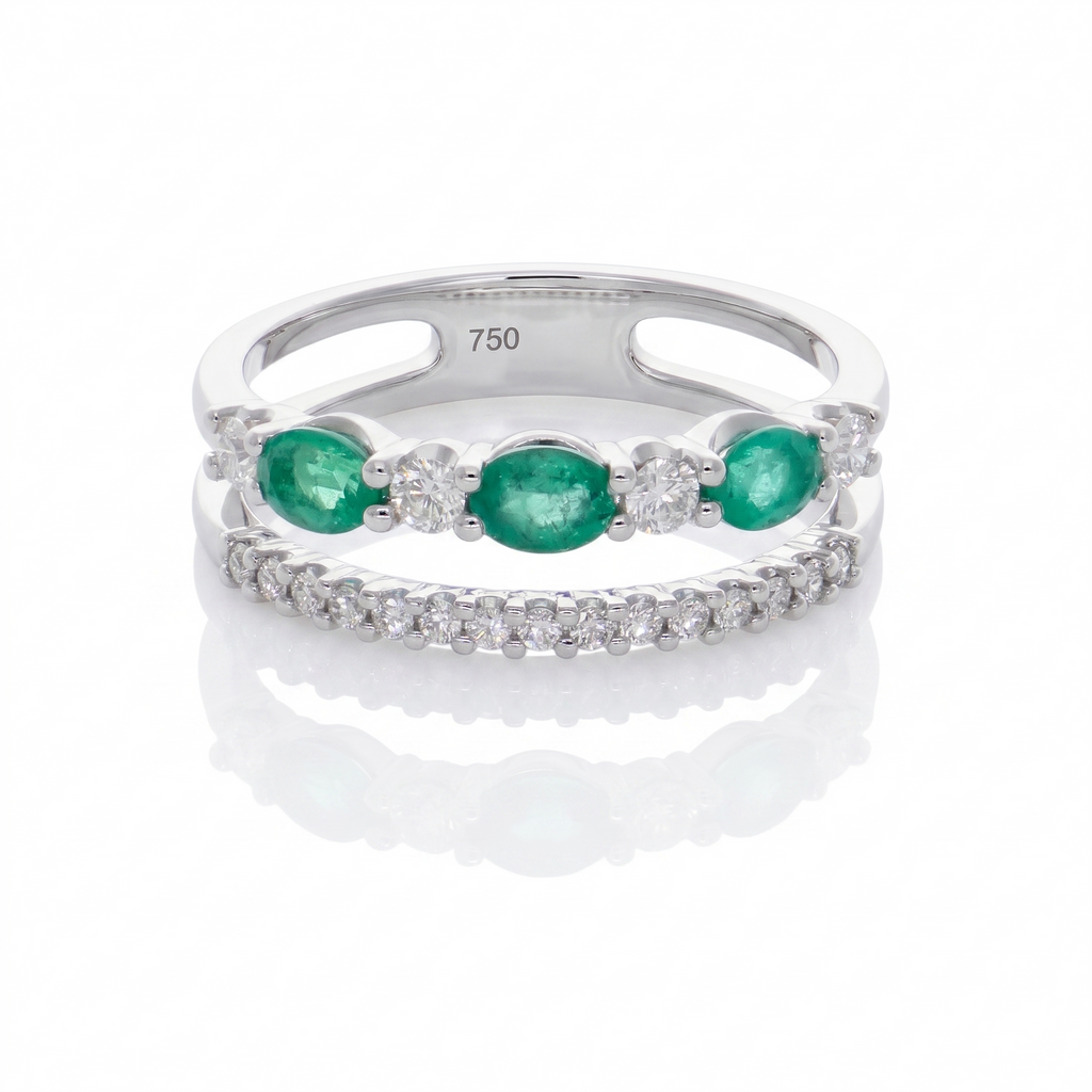 Anillo Oro Blanco 18K Esmeralda Oval con Diamantes  | AN-14685