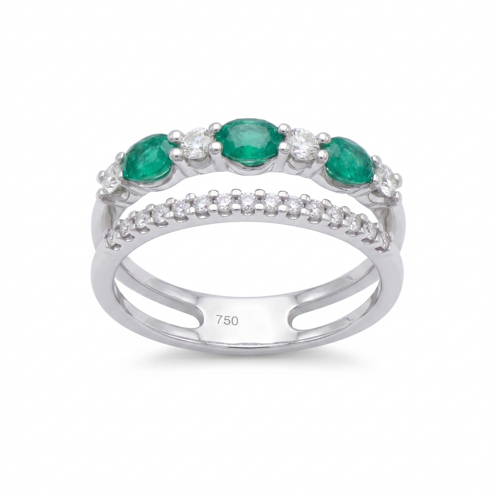 Anillo Oro Blanco 18K Esmeralda Oval con Diamantes  | AN-14685