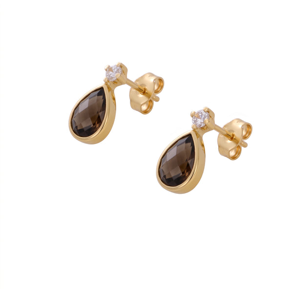 Aros Gota Oro Amarillo 18K con Topacio Fume y Circón | AR-14785