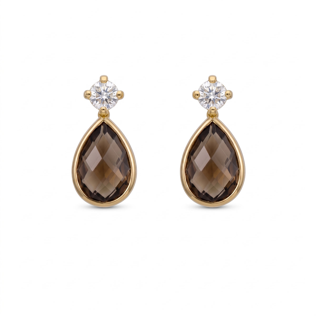 Aros Gota Oro Amarillo 18K con Topacio Fume y Circón | AR-14785