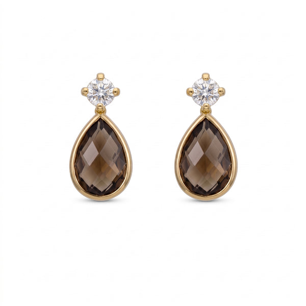 Aros Gota Oro Amarillo 18K con Topacio Fume y Circón | AR-14785