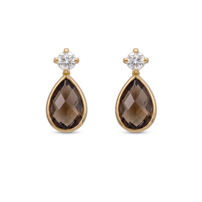 Aros Gota Oro Amarillo 18K con Topacio Fume y Circón | AR-14785