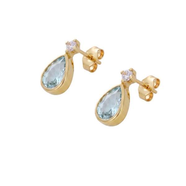 Aros Gota Oro Amarillo 18K con Topacio Azul y Circón | AR-14786