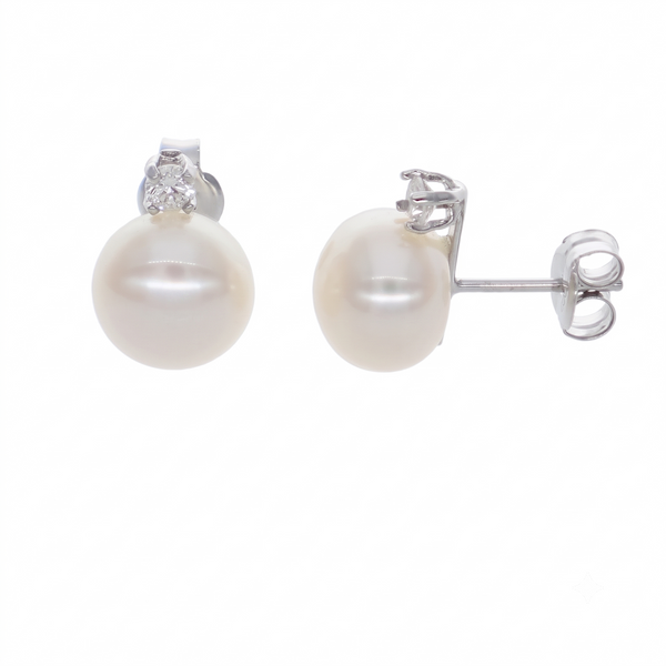 Aros de Oro Blanco 18K con Perla Botón y Circon | AR-14824