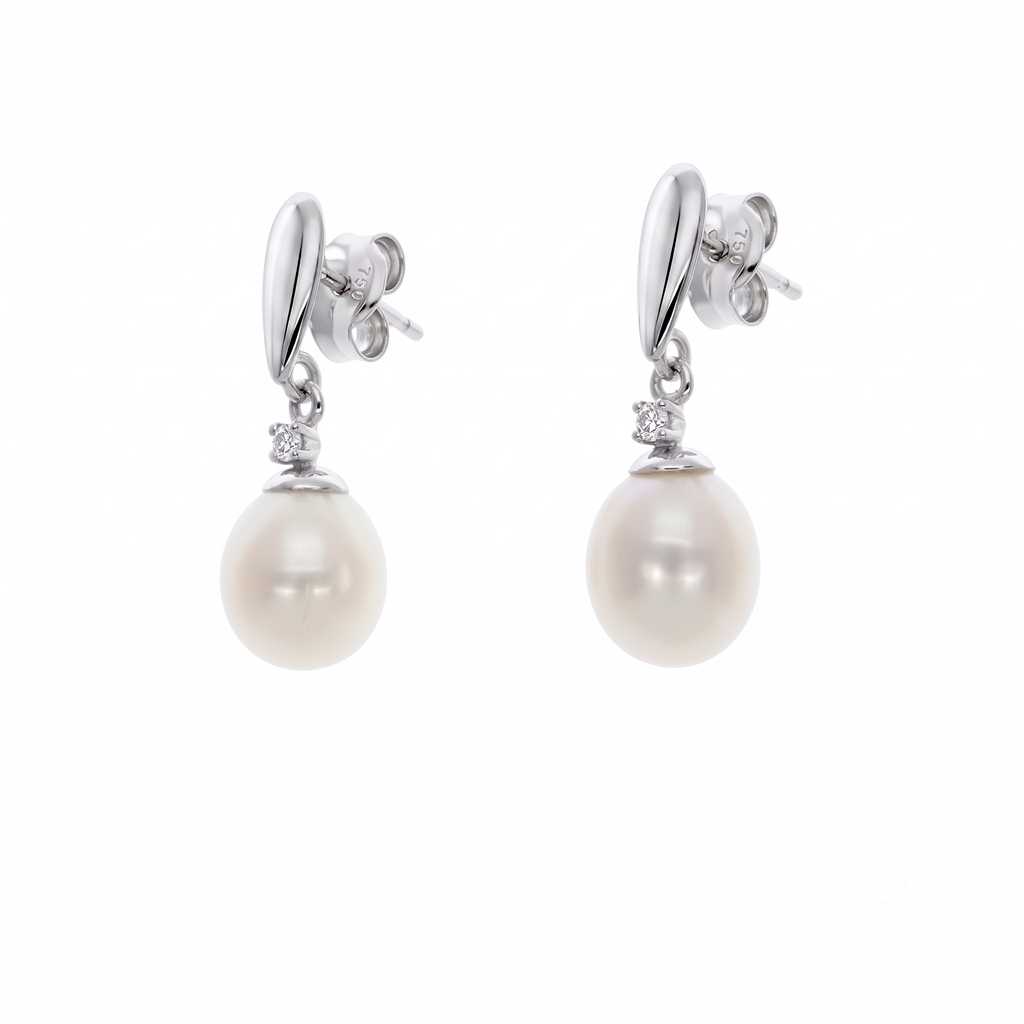 Aros Oro Blanco 18K con Perla Cultivada Agua Dulce y Circón | AR-14827