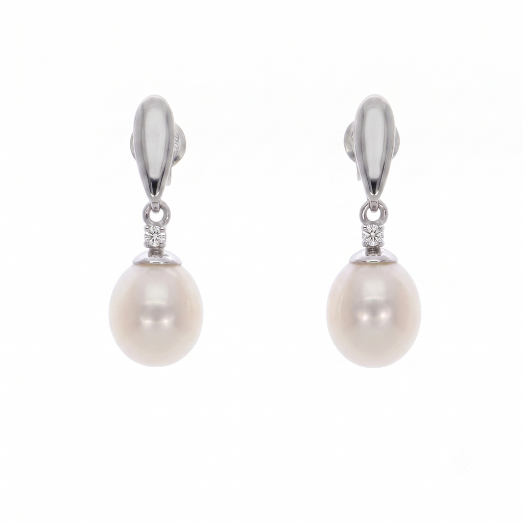 Aros Oro Blanco 18K con Perla Cultivada Agua Dulce y Circón | AR-14827