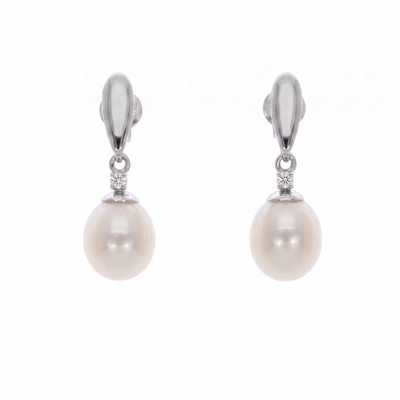 Aros Oro Blanco 18K con Perla Cultivada Agua Dulce y Circón | AR-14827
