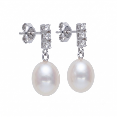 Aros Oro Blanco 18K con Perla Cultivada Agua Dulce y Circones | AR-14831