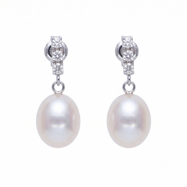 Aros Oro Blanco 18K con Perla Cultivada Agua Dulce y Circones | AR-14831