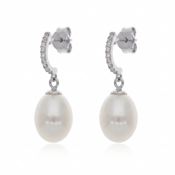 Aros Oro Blanco 18K con Perla Cultivada y Circones | AR-14832