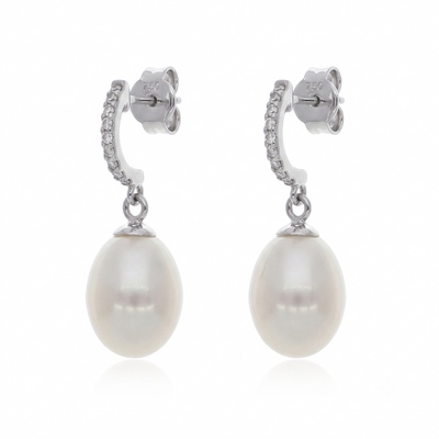 Aros Oro Blanco 18K con Perla Cultivada y Circones | AR-14832