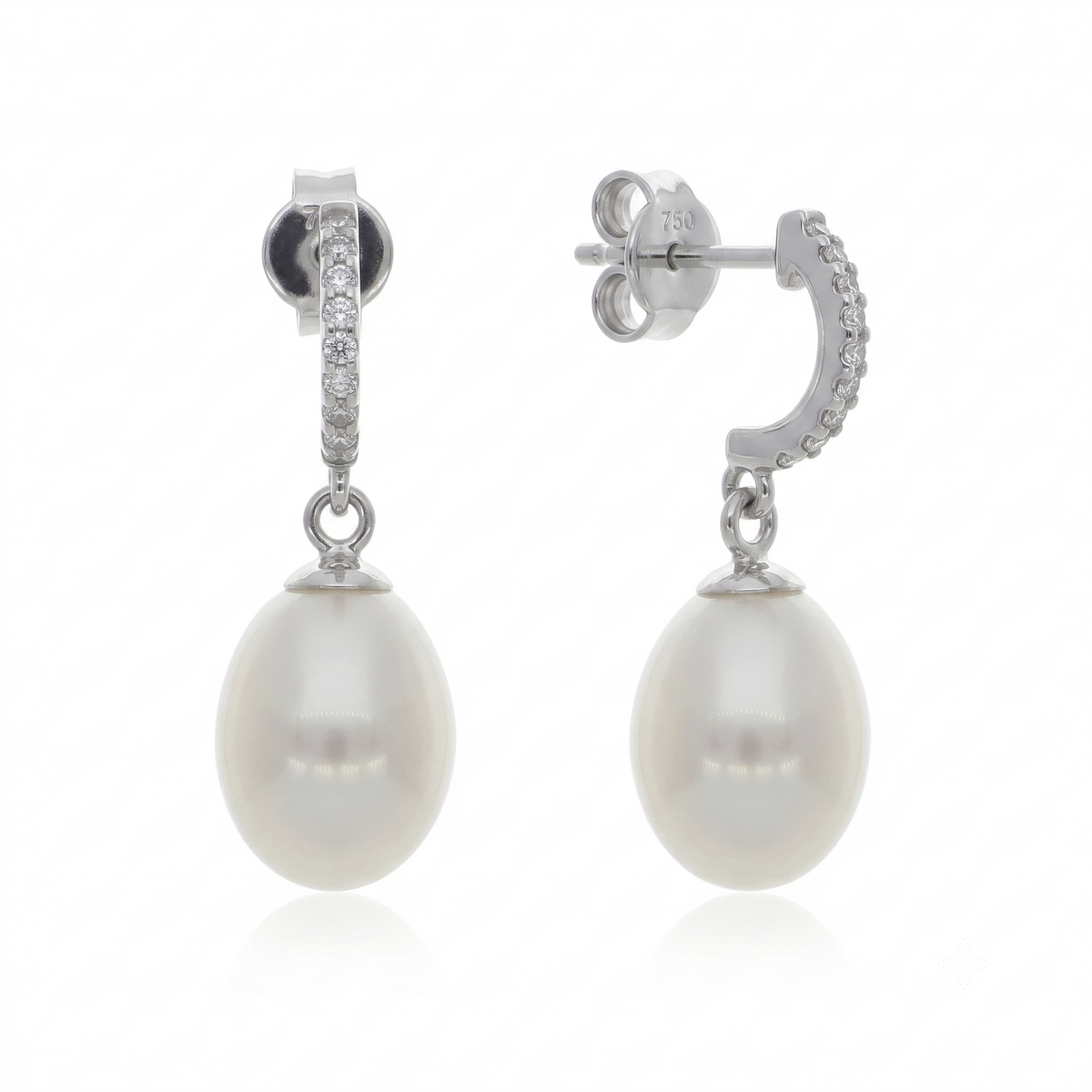 Aros Oro Blanco 18K con Perla Cultivada y Circones | AR-14832