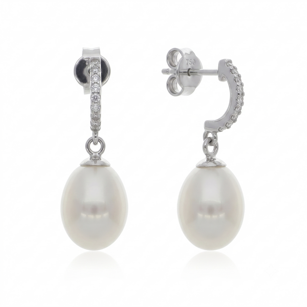 Aros Oro Blanco 18K con Perla Cultivada y Circones | AR-14832