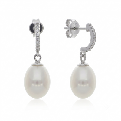 Aros Oro Blanco 18K con Perla Cultivada y Circones | AR-14832