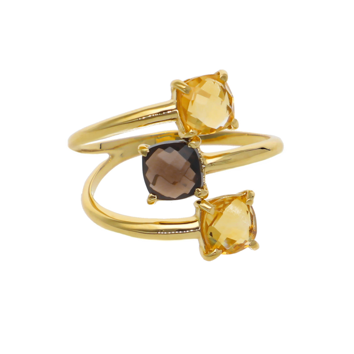Anillo Oro Amarillo Citrino y Cuarzo Fumé Espiral AN12792