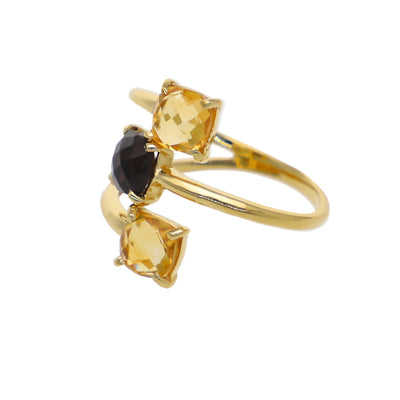 Anillo Oro Amarillo Citrino y Cuarzo Fumé Espiral AN12792