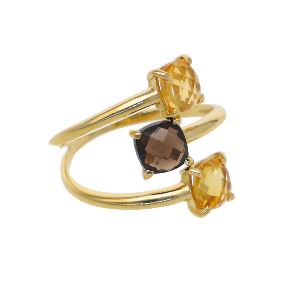 Anillo Oro Amarillo Citrino y Cuarzo Fumé Espiral AN12792