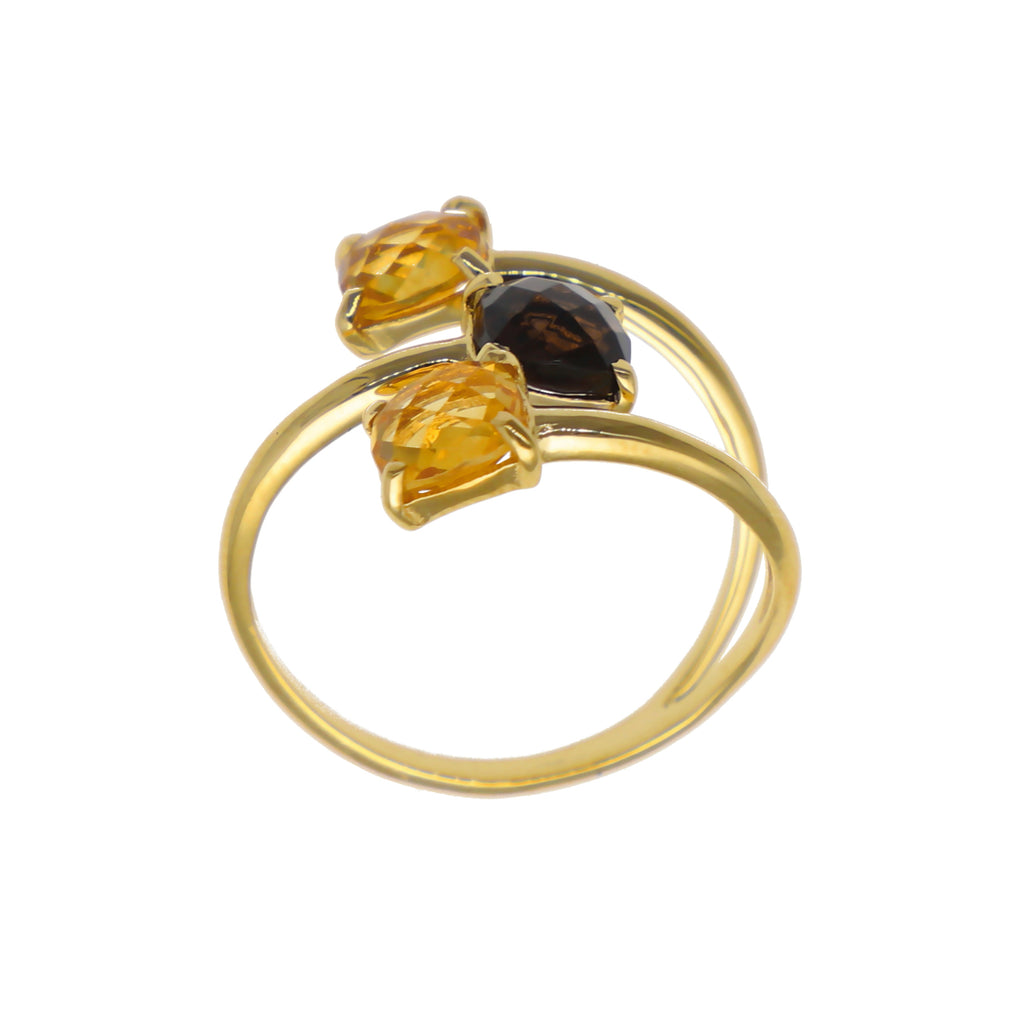 Anillo Oro Amarillo Citrino y Cuarzo Fumé Espiral AN12792