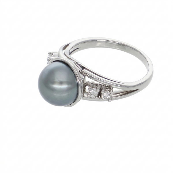Anillo Platino Perla Cultivada Gris y Brillantes AN5784