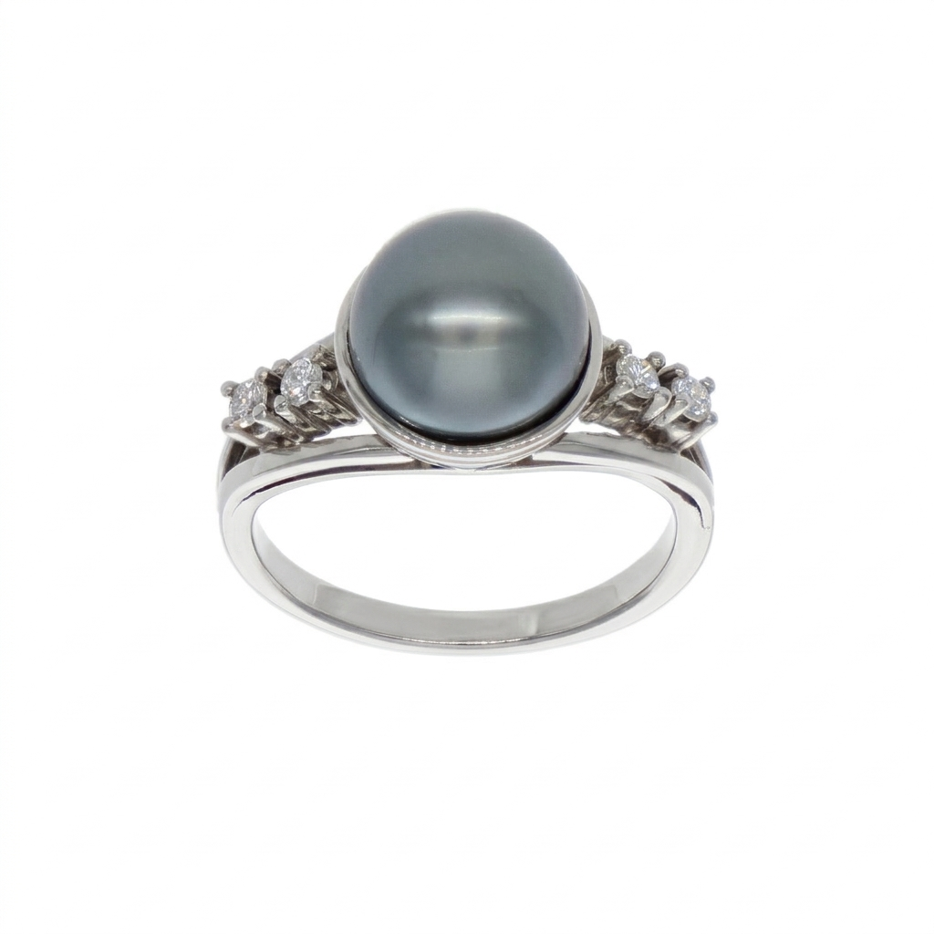 Anillo Platino Perla Cultivada Gris y Brillantes AN5784