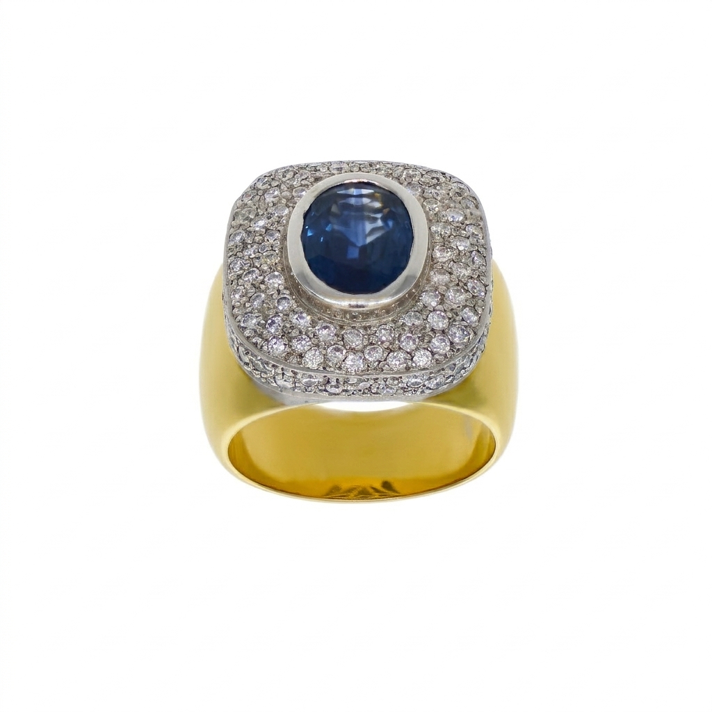 Anillo Oro Amarillo Platino Zafiro Azul y Brillantes AN-9590