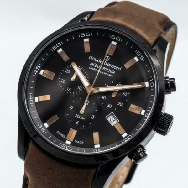 Reloj Claude Bernard Aquarider 44mm Cuarzo PVD Cronógrafo Cuero Café – 1022237NCNIR