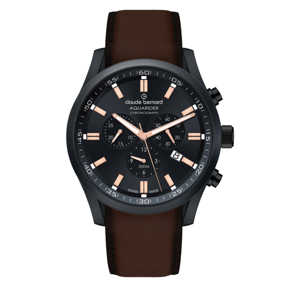 Reloj Claude Bernard Aquarider 44mm Cuarzo PVD Cronógrafo Cuero Café – 1022237NCNIR