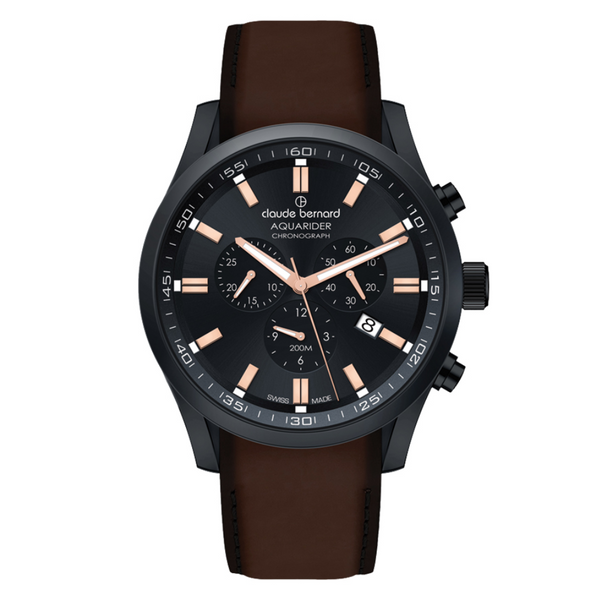 Reloj Claude Bernard Aquarider 44mm Cuarzo PVD Cronógrafo Cuero Café – 1022237NCNIR