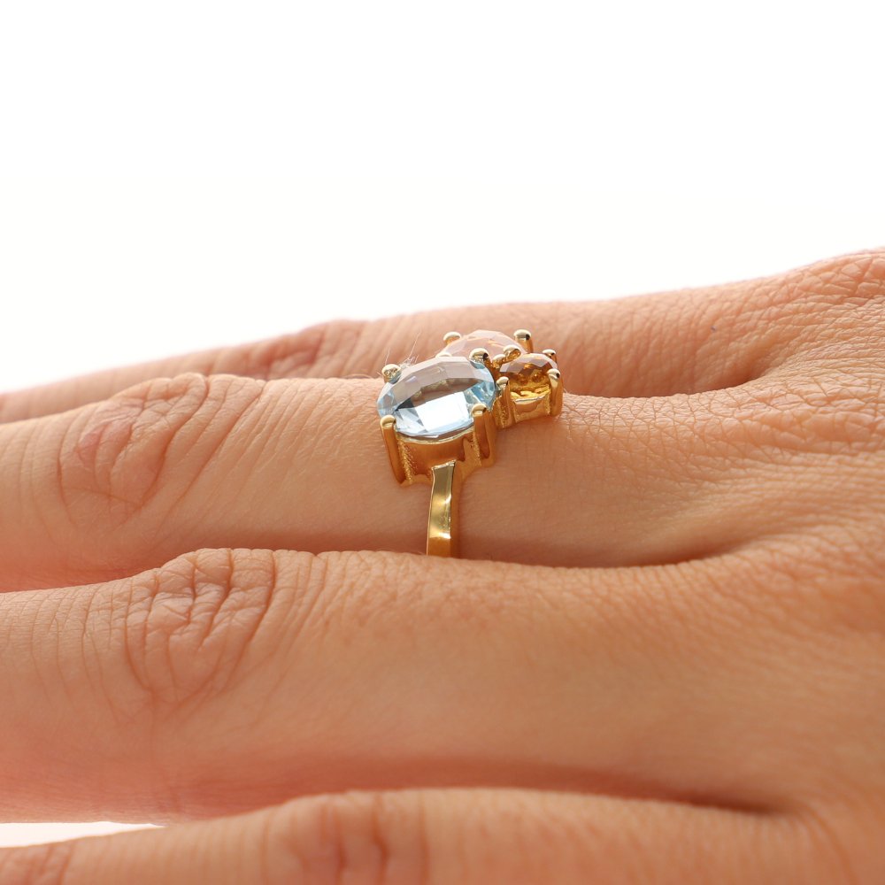 Anillo Oro Amarillo Brillante, Cuarzo Rosa, Topacio Azul y Citrino AN12484 - Joyería Rometsch