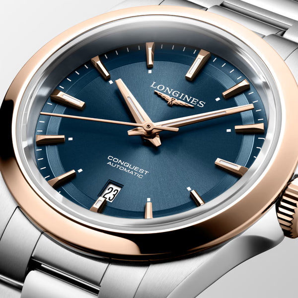Reloj Longines Conquest Automático 30 mm Acero y Oro Rosa | Esfera Azul Sunray L3.320.5.92.6