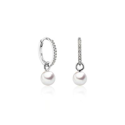 Aros Oro Blanco Perla Cultivada Akoya y Brillantes AR-14498