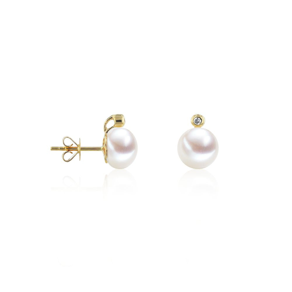 Aros Oro Amarillo 14kt Perla Cultivada Botón y Brillantes AR-14494