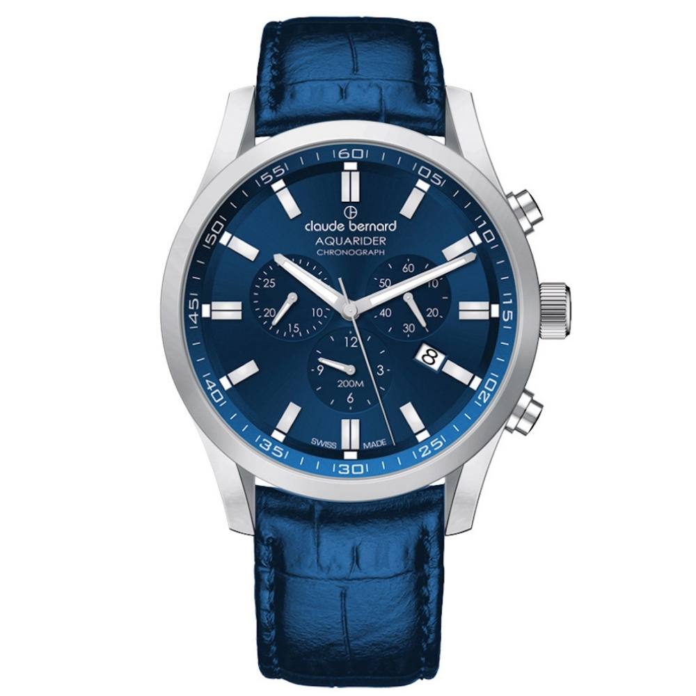 Reloj Claude Bernard Aquarider 44mm Cuarzo Acero Cronógrafo Esfera Azul Cuero – 102223CBUIN1